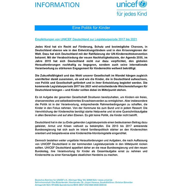 UNICEF-Appell: Legislaturperiode 2017-2021 UNICEF-Appell: Legislaturperiode 2017-2021