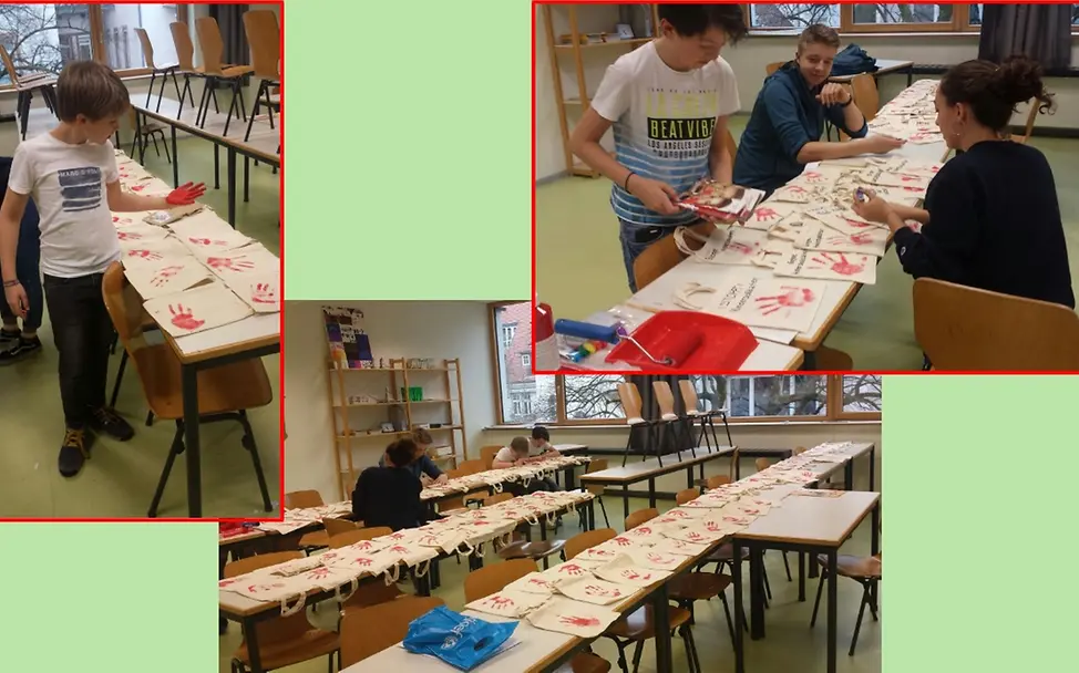 ANGELL-Gymnasium: Taschen mit Info-Material werden vorbereitet © UNICEF