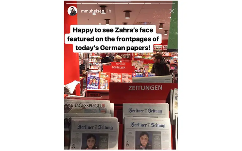 Auch auf sozialen Medien teilt Muhammed seine Freude über die Bekanntheit von Zahras Portrait. | ©Instagram Screenshot @mmuheisen Ein Screenshot von Muhammeds Instagram