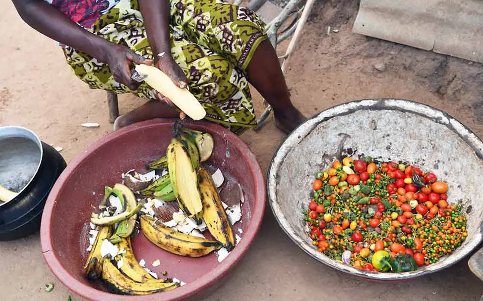 Frische Lebensmittel: Eine Frau bereitet Essen vor. | © UNICEF/Dejongh Obst und Gemüse sind wichtige Bestandteile einer gesunden Ernährung.