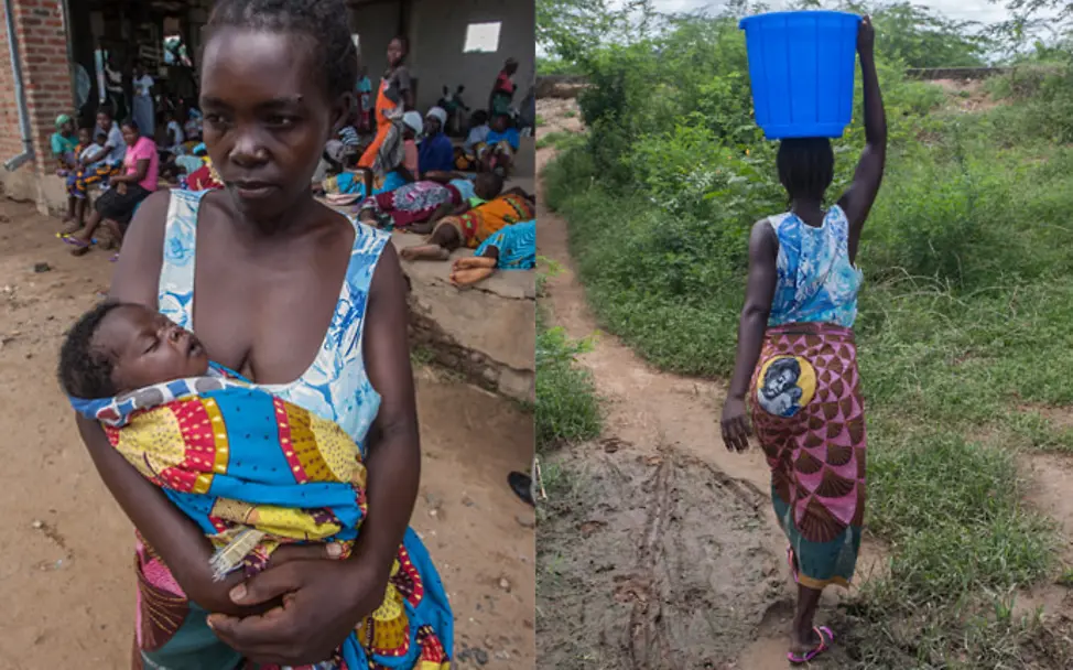 Wirbelsturm Idai: Annie mit Kind und beim Wasserholen mit UNICEF-Eimer