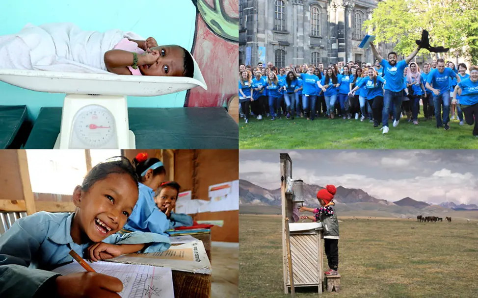 Grußkarten von UNICEF wirken sich auf die Hilfe weltweit aus | © UNICEF Grußkarte: Collage mit der Wirkung der Grußkarte