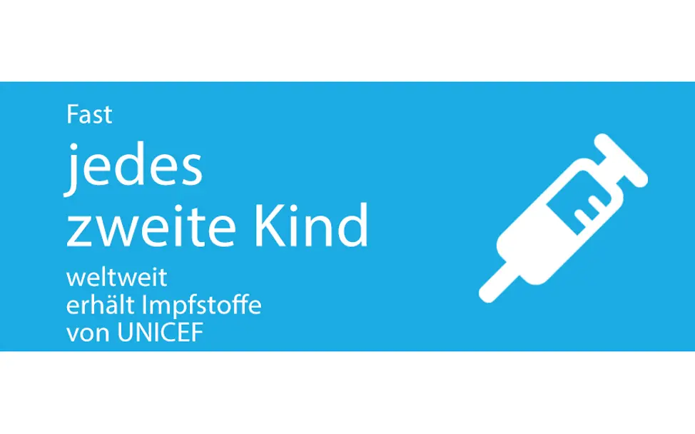 Schriftzug "Fast jedes zweite Kind weltweit erhält Impfstoffe von UNICEF"