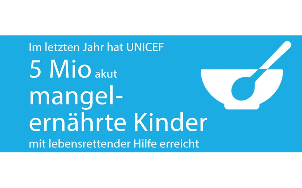 UNICEF rettet schwer mangelernährte Kinder vor dem Tod Schriftzug "Im letzten Jahr hat UNICEF fünf Millionen akut mangelernährte Kinder mit lebensrettender Hilfe erreicht.