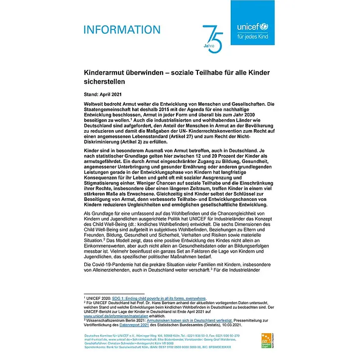 Kinderarmut überwinden – soziale Teilhabe für alle Kinder sicherstellen (UNICEF Information)