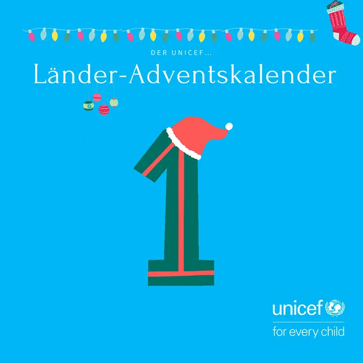 Teaser-Bild für Länder-Adventskalender (große Zahl "eins" in tannengrün mit Weihnachtsbaummütze)