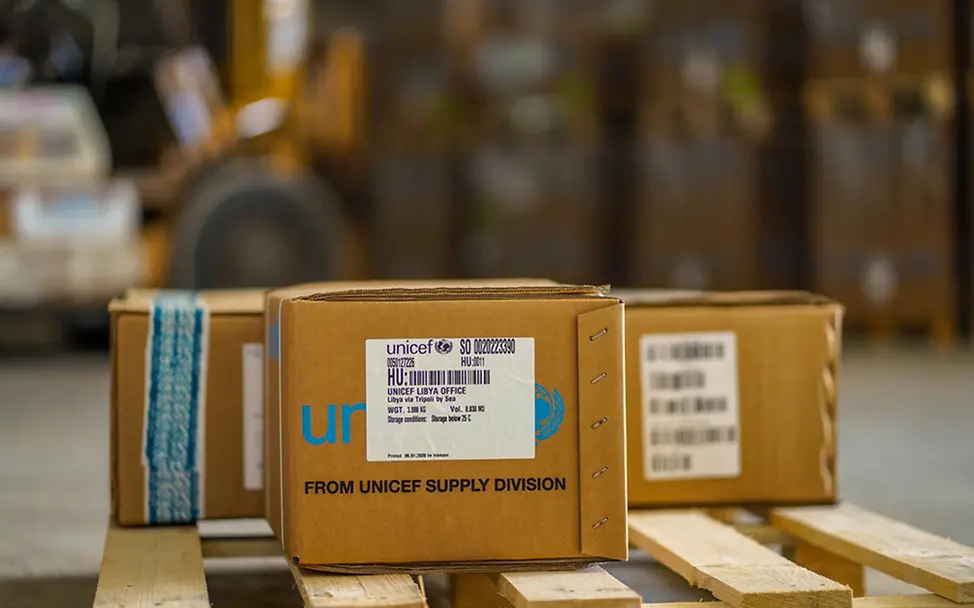 Ein Karton mit Hilfsgütern für Familien in Libyen. | © UNICEF/UNI321549 Libyen: Die Familien im Land brauchen nachhaltige Hilfe.
