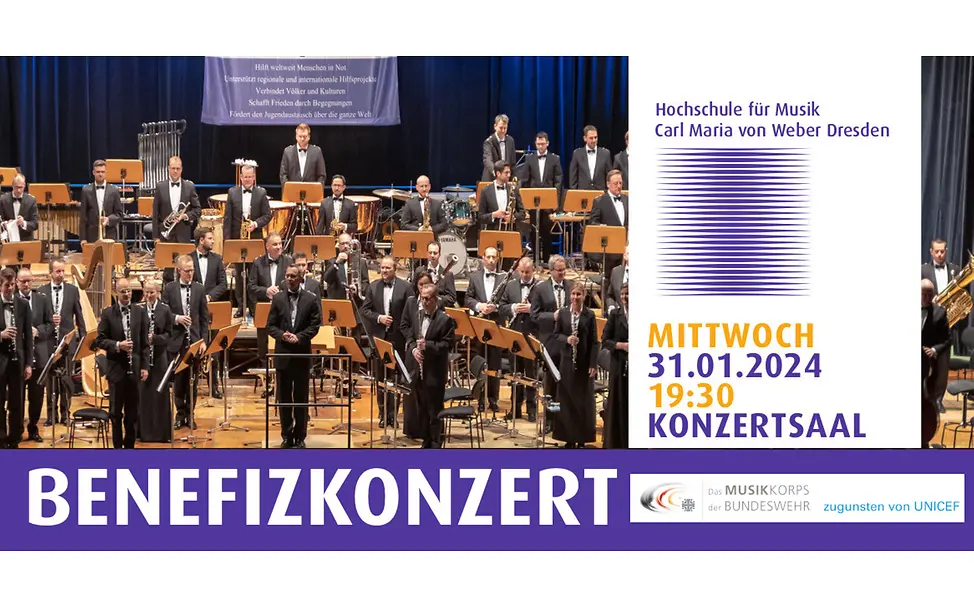 Metall, Holz und Wind - Musikkorps der Bundeswehr in Dresden - Mi, 31. Januar 2024, 19:30 Uhr Benefizkonzert zugunsten von UNICEF: Metall, Holz und Wind - Musikkorps der Bundeswehr in Dresden - 31. Januar 2024