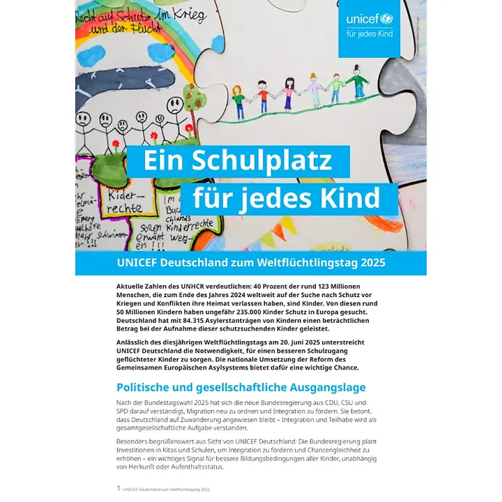 UNICEF Deutschland zum Weltflüchtlingstag 2025 "Ein Schulplatz für jedes Kind" | © UNICEF Titelseite: "Ein Schulplatz für jedes Kind"