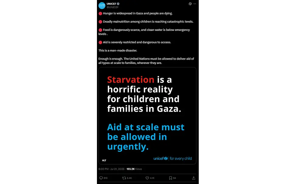 Post von UNICEF zur Lage der hungernden Menschen in Gaza