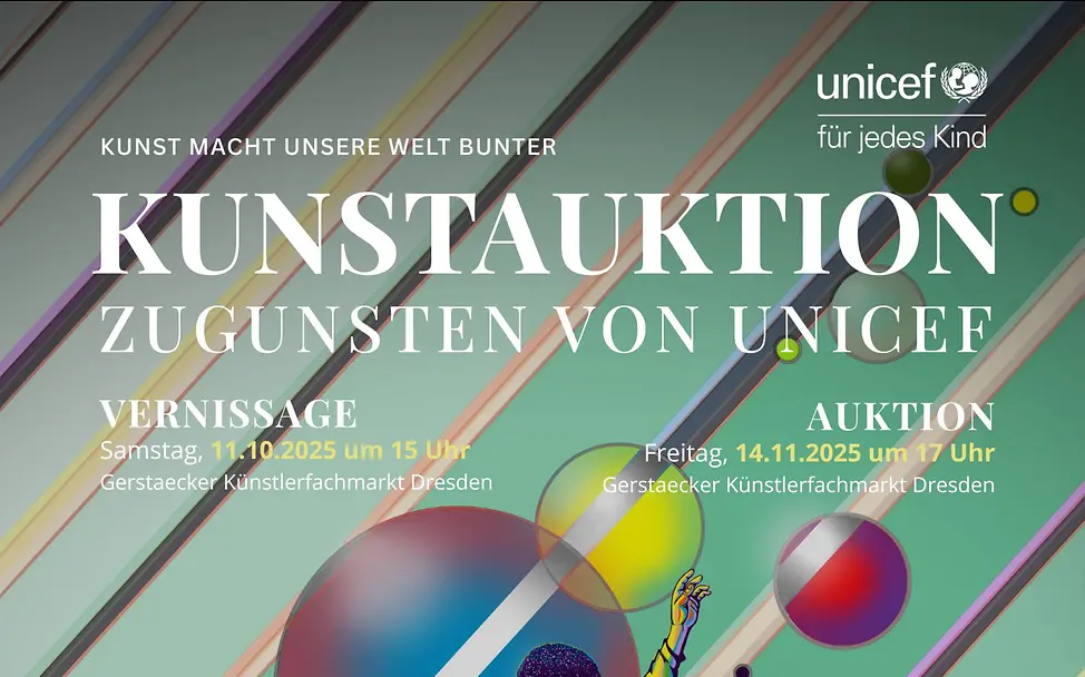 Kunstauktion zugunsten von UNICEF unicefdresden-kunstauktion.de Werbeposter zur Kunstaktion mit einem Künstlerbild: Ein Junge steht auf einem Bein vor bunten Blasen und Streifen