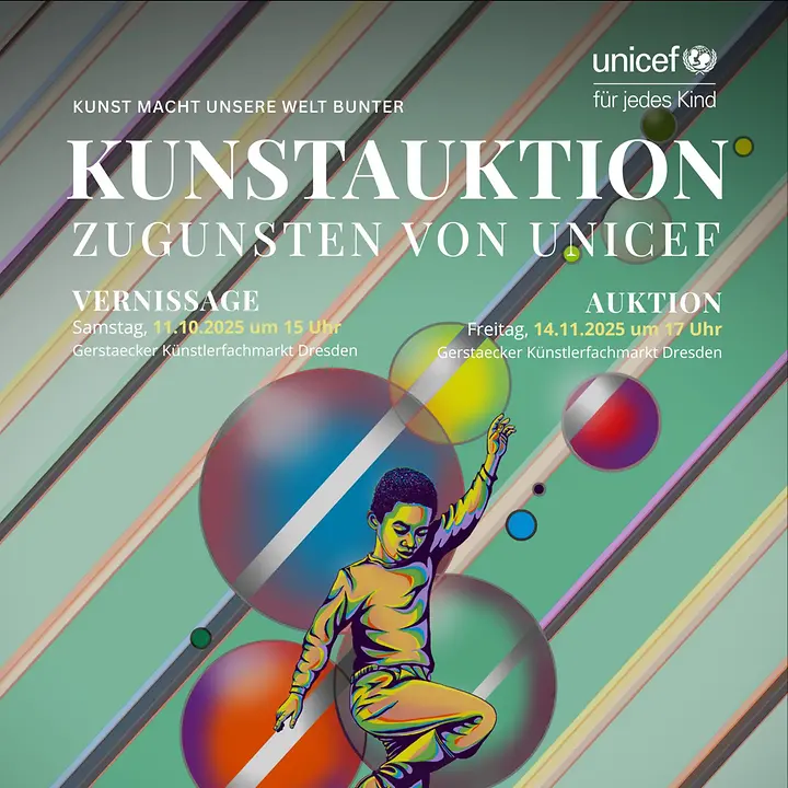 Kunstauktion zugunsten von UNICEF unicefdresden-kunstauktion.de Werbeposter zur Kunstaktion mit einem Künstlerbild: Ein Junge steht auf einem Bein vor bunten Blasen und Streifen