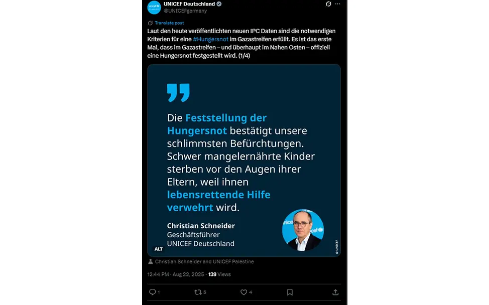 Kinder Gaza: UNICEF Deutschland IPC Zahlen