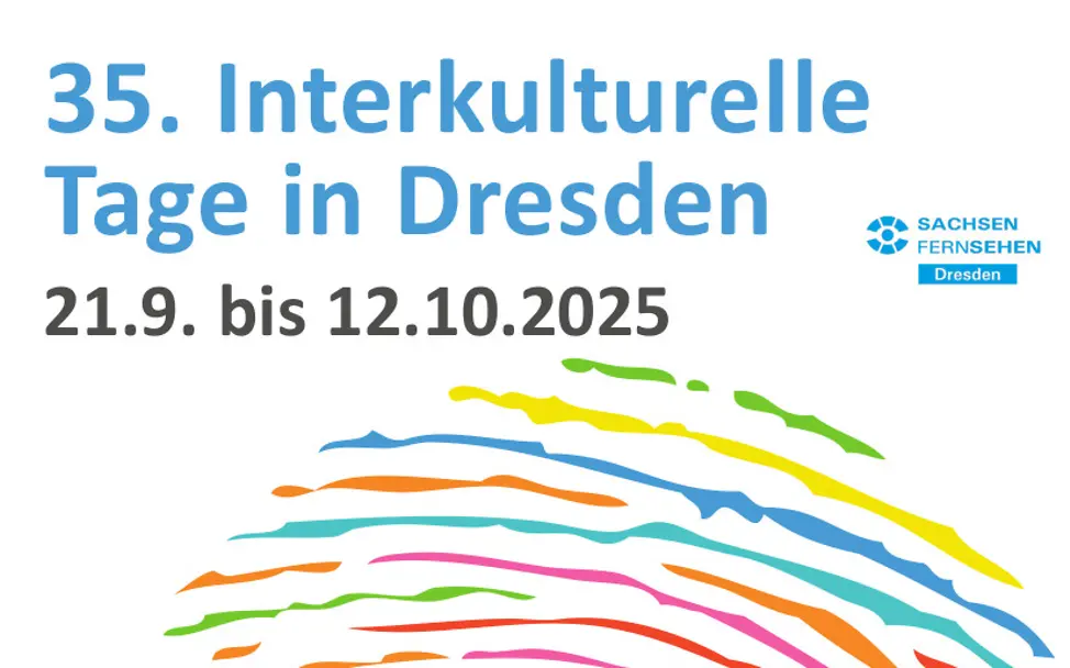 Plakat der 35. Interkulturellen Tage in Dresden mit einem bunten Fingerabdruck und dem Spruch "Miteinander wachsen"