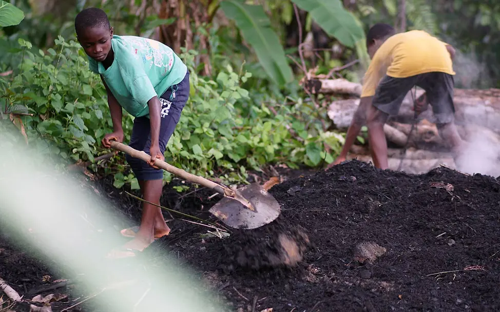 Kinderarmut spenden: Kinder in Sierra Leone beim Verarbeiten von Holzkohle. 