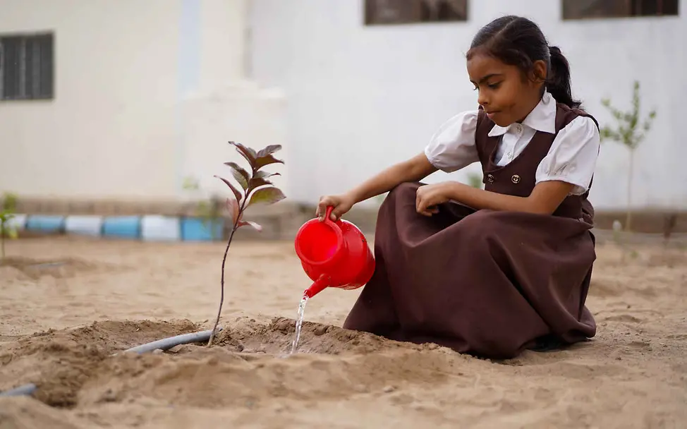 Klimaschutz für Kinder: Jede und jeder kann zu mehr Klimaschutz beitragen. | © UNICEF/Bin Hayan - YPN Klimaschutz einfach erklärt: Ein Mädchen gießt eine frisch eingepflanzte Pflanze.