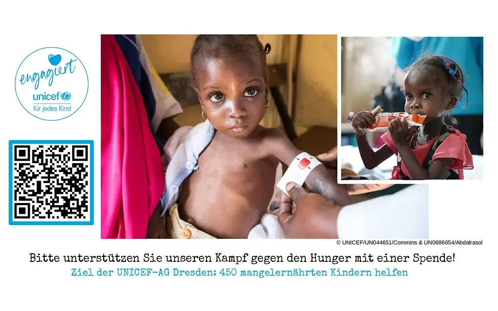 Gemeinsam gegen Mangelernährung - mit 19.800 Euro können wir etwa 450 Kinder retten. Helfen Sie jetzt – damit Kinder leben können. Aufruf, um gemeinsam Leben zu retten – gegen Mangelernährung mit UNICEF