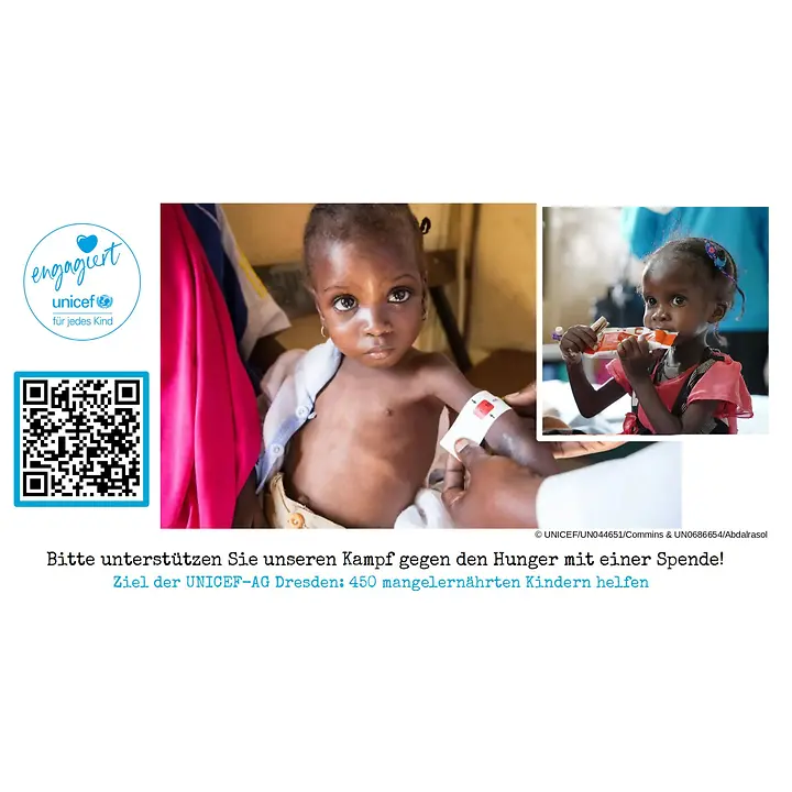 Gemeinsam gegen Mangelernährung - mit 19.800 Euro können wir etwa 450 Kinder retten. Helfen Sie jetzt – damit Kinder leben können. Aufruf, um gemeinsam Leben zu retten – gegen Mangelernährung mit UNICEF
