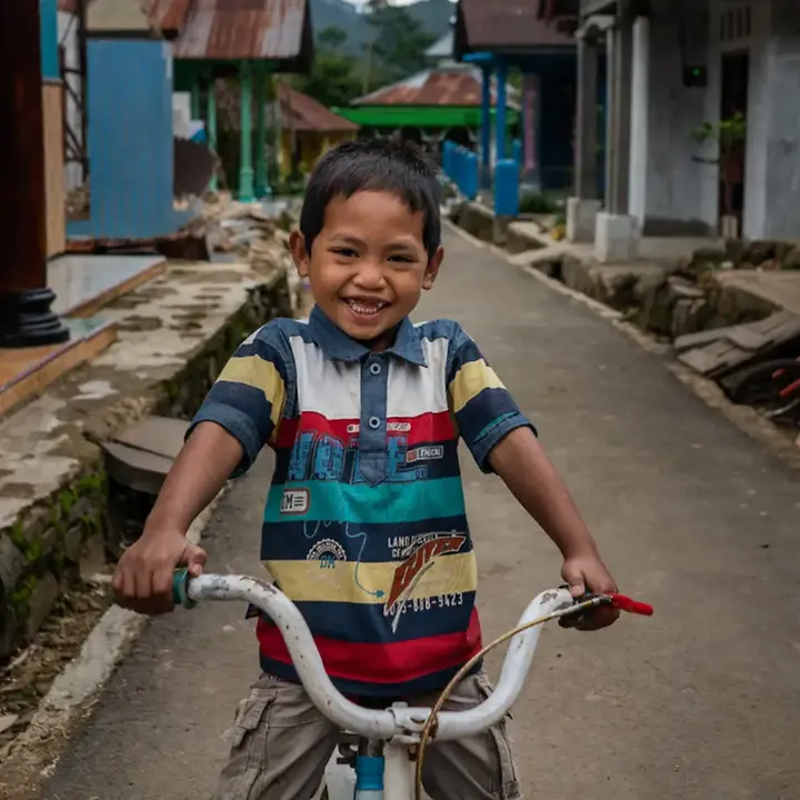 Ein Junge mit einem Fahrrad. 