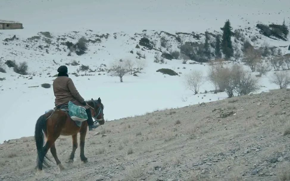 Warum impfen: Eine Gesundheitshelferin reitet durch eine verschneite Landschaft.