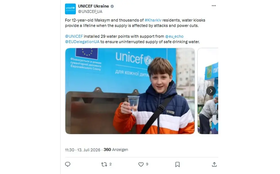 Für Maksym (12) und Tausende Einwohner von Charkiw sind Wasserkioske enorm wichtig.