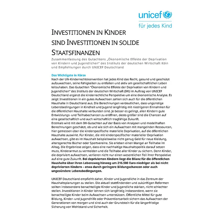 IW Gutachten Begleitpapier: INVESTITIONEN IN KINDER SIND INVESTITIONEN IN SOLIDE STAATSFINANZEN | © UNICEF IW Gutachten Begleitpapier: INVESTITIONEN IN KINDER SIND INVESTITIONEN IN SOLIDE STAATSFINANZEN