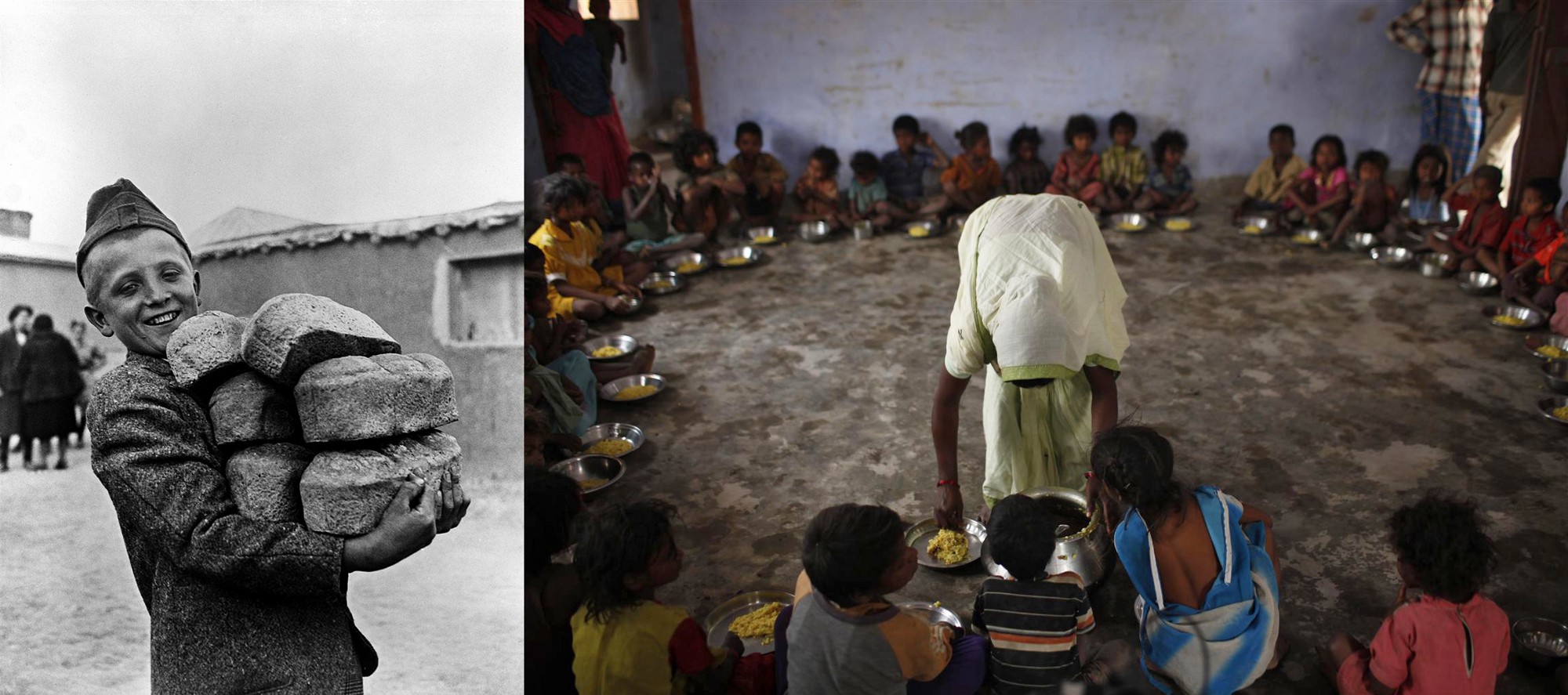 70 Jahre UNICEF: Ein glücklicher Junge mit Brot und Reis für die Kinder