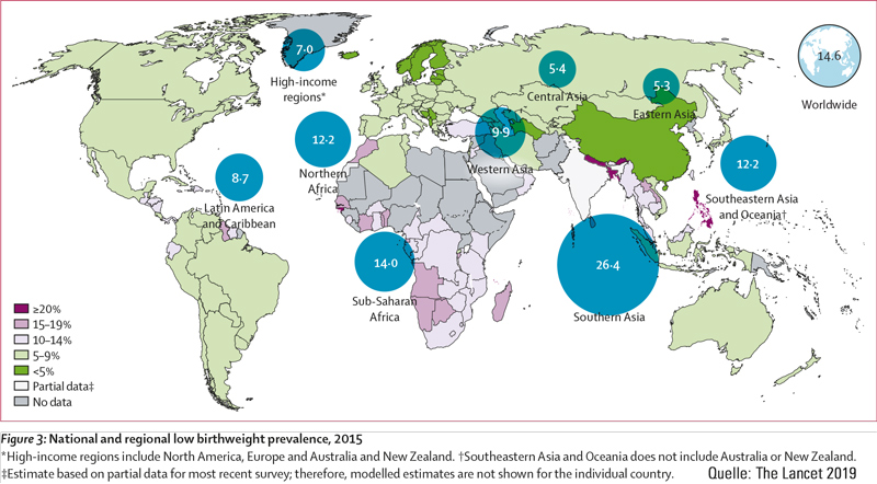 Nationale und regionale Prävalenz zum niedrigen Geburtsgewicht, 2015 | © The Lancet Grafik zur Nationalen und Regionalen Prä