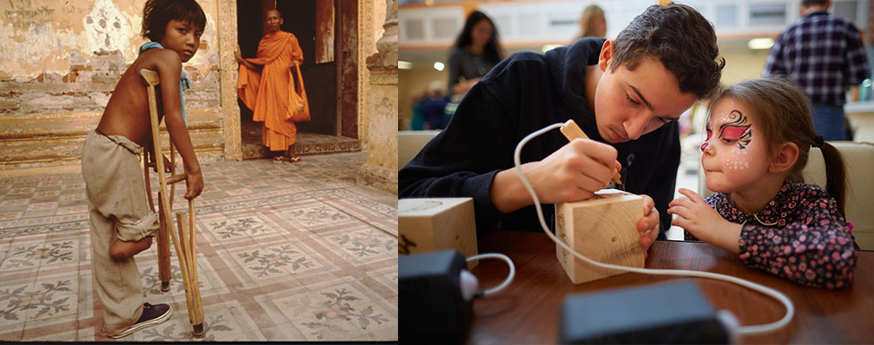 Collage: links: Ein Junge mit Krücken, rechts: Kinder mit Hörbehinderung basteln zusammen