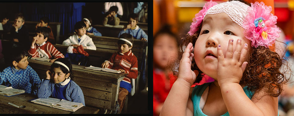 Collage: links: Schüler sitzen an ihren Schulbänken, rechts: Ein kleines Mädchen im Kindergarten.