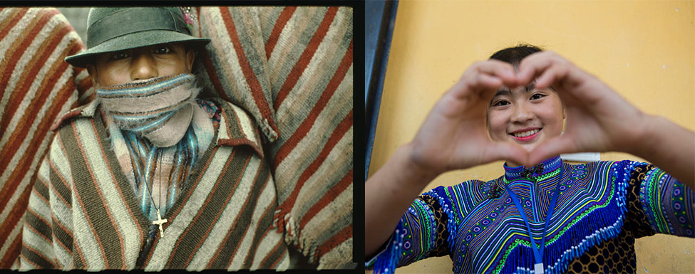 Collage: Zwei Kinder, die mit ihrer Kleidung zu ihrer Kultur stehen.