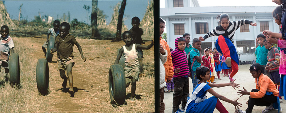 Collage: links: Kinder spielen mit Autoreifen, rechts: Spielende Kinder während ihrer Mittagspause.