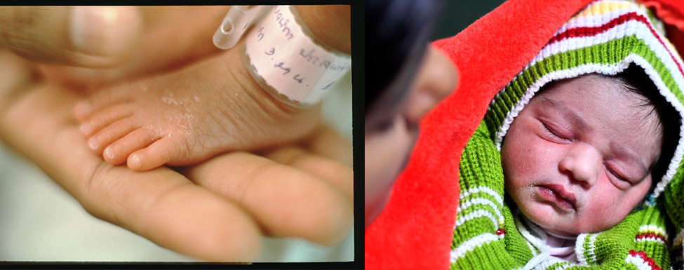 Kinder haben von Beginn an Rechte. | © UNICEF/LeMoyne, UNICEF/Mukherjee AFP-Services Collage: Ein Babyfuß auf der Hand seiner Mutter und ein Neugeborenes in Decken gewickelt.