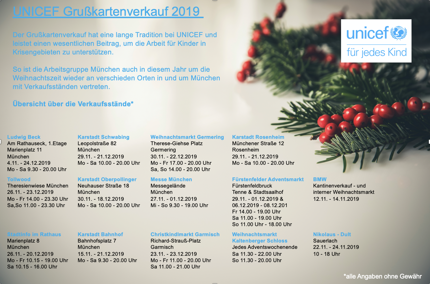 Übersicht Grußkartenverkauf Weihnachten 2019