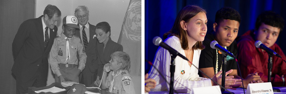 Alle Kinder haben Rechte. | © UNICEF/Mera, UNICEF/Chalasani 75 Jahre UNICEF: Pfadfinder telefonieren beim Beschluss der UN-Kinderrechtskonvention und Jugendliche sprechen zu Medienvertrete