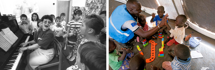 75 Jahre UNICEF: Sozialarbeiterin spielt Klavier, während Kinder singen und Sozialarbeiter baut mit Kindern mit Bausteinen