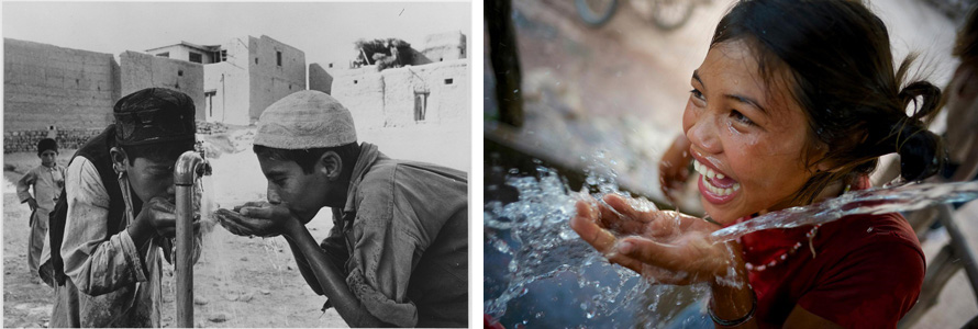 75 Jahre UNICEF: Zwei Jungen trinken Wasser aus einem Wasserhahn und ein Mädchen hält ihre Hände lachend unter Wasser