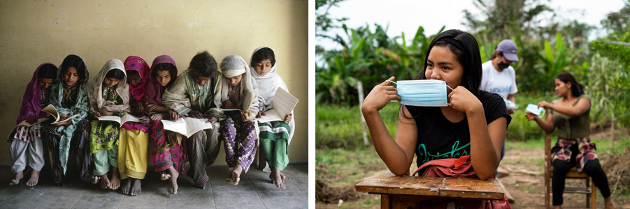 Bildung ist der Schlüssel | © UNICEF/Isaac, UNICEF/García 75 Jahre UNICEF: Mädchen sitzen nebeneinander und lesen in Büchern und Schülerin zieht sich eine Schutzmaske an.