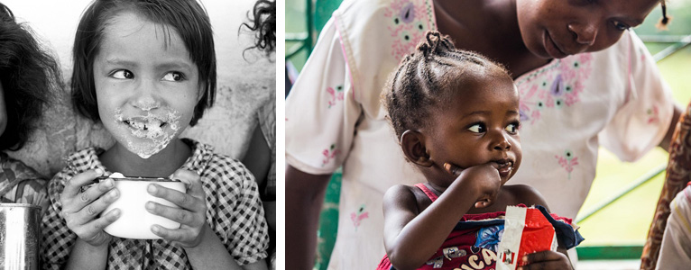 75 Jahre UNICEF: Mädchen trinkt aus einer Tasse Milch und Mädchen lutscht Erdnusspaste von ihrem Finger.