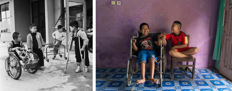 Kinderrechte gelten für alle Kinder - unabhängig von ihren Bedürfnissen. | © UNICEF/Unknown, UNICEF/Ijazah 75 Jahre UNICEF: Zwei Bilder, auf denen Kinder im Rollstuhl und mit Gehhilfe spielen und lachen.