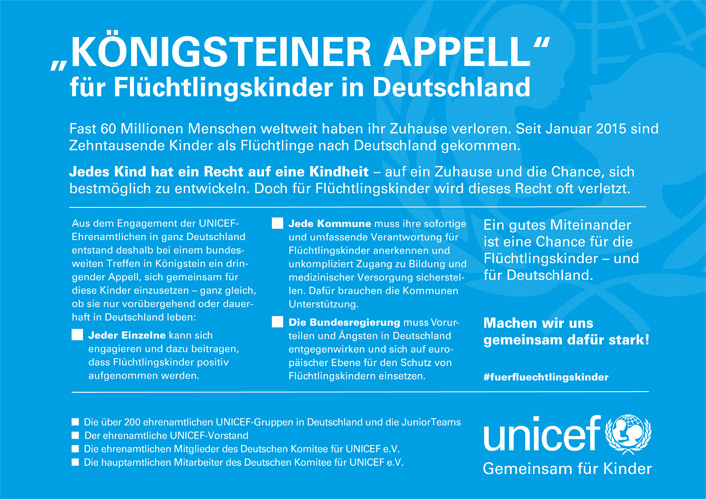 UNICEF: Königssteiner Appell für Flüchtlingskinder
