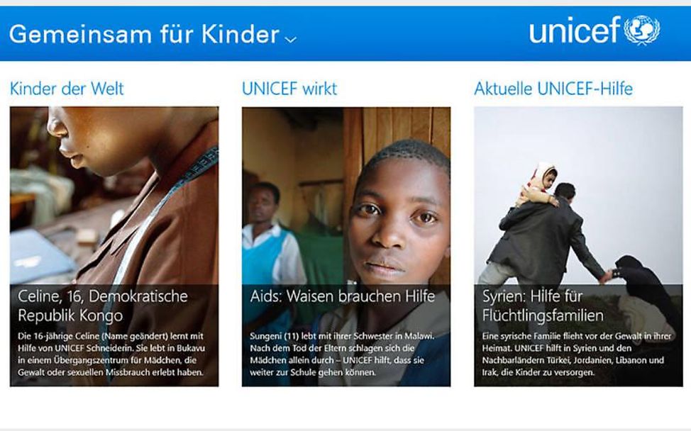 UNICEF-Windows8-App. Screenshot der App. 
