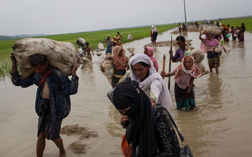 Eine Gruppe Flüchtlinge watet durch Reisfelder und überflutete Landschaften