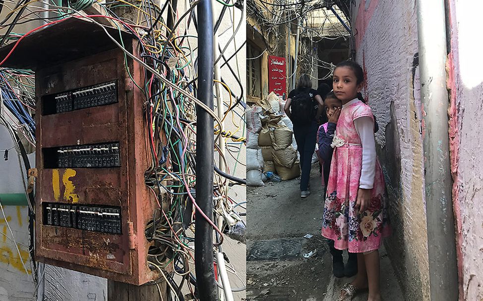 Libanon: Ein Mädchen in einer Gasse und Kabelgewirr am Stromkasten.