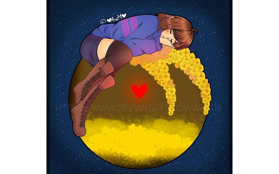 Zeichnung: Ein Mädchen schläft auf einem Planeten im All.