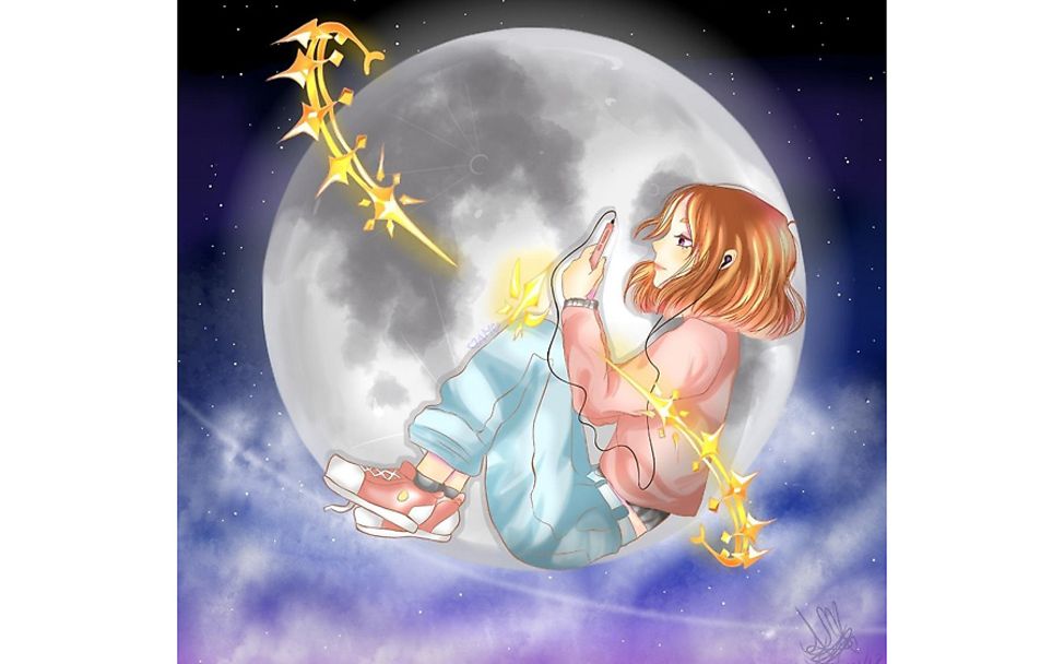 Zeichnung von Ariadna: Mädchen sitzt vor Mond und hört Musik.