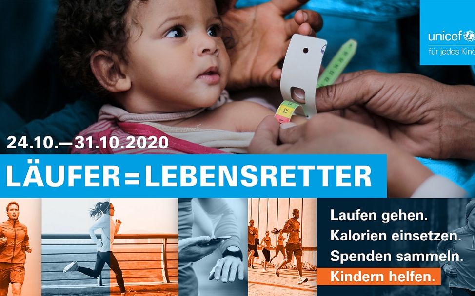 UNICEF-Laufaktion im Oktober: Kind, dessen Armumfang gemessen wird und Läufer; Text zur Aktion