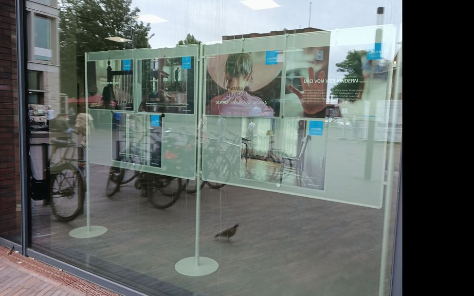 #NiemalsGewalt Ausstellung in Leer (Stellwand im Fenster)