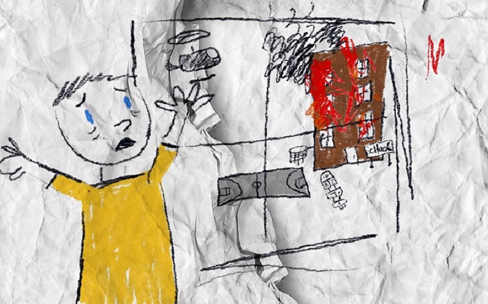 Ukraine: Zeichnung eines Kindes von Erlebnissen im Krieg.