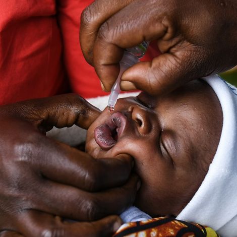 Ein kleines Kind wird mit einer Polio-Schluckimpfung geimpft.